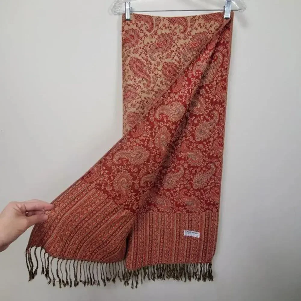 Pashmina Scarf Double Sided Paisley Red Gold Silk Blend Women One Size Shawl